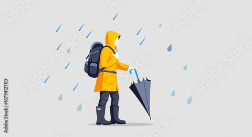 Person in yellow raincoat with backpack holds an umbrella in the rain illustration