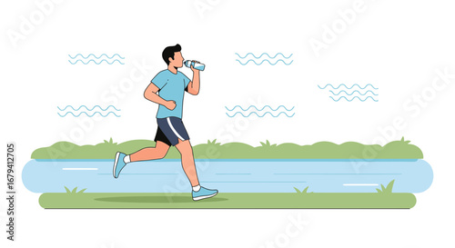 Runner Hydrating While Exercing Enjoying Park's Fresh Air Amidst Scenic Land Outline