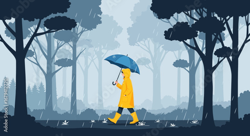 Person in a yellow raincoat walking with umbrella in a rainy forest weather illustration