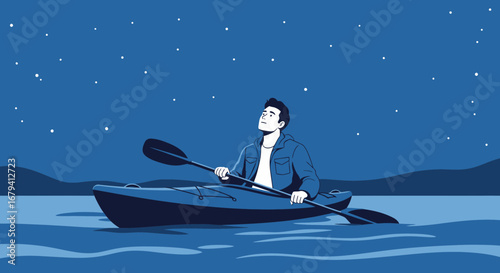 Person Kayaking At Night Looking At The Stars And Enjoying The Peaceful Scenery