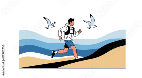 Runner Exercising Near The Beach Under The Blue Sky with White Birds in Minimalist Style