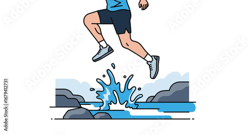 Runner Leaping Over River Symbolizing Challenge and Achievement Vector Illustration
