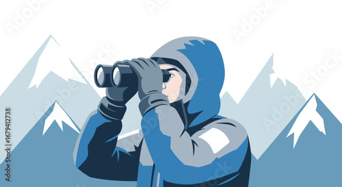 Person In Winter Gear Observing Mountain Peaks Through Binoculars In The Snow