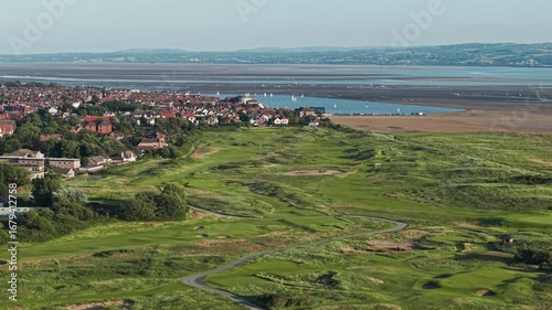 Aerial view of West Kirby village and the Royal Liverpool Golf club links, Hoylake, Wirral, Merseyside, England