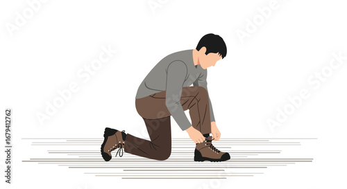 Person Kneeling, Tying Boots, Ready For Adventure, Exploration, And Journeys Ahead
