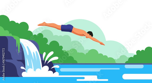 Person Leaping Into Water Near Waterfall, Illustrative Scene of Refreshment and Activity