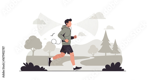 Runner Listening To Music Outdoors With Headphones In A Park, Active Lifestyle Concept
