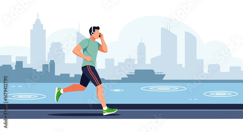 Runner Listening To Music While Running In Urban Landscape Modern Design