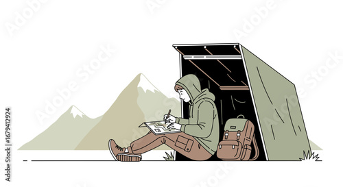 Person Planning Outdoor Adventure In Mountains And Camping Tent Illustration