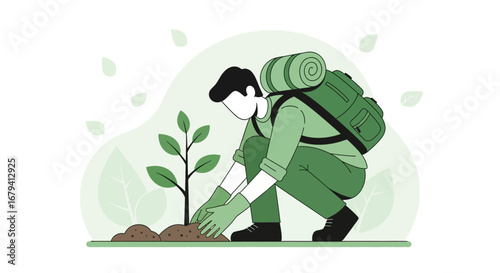 Person Planting Sapling in Nature with Backpack Showing Conservation, Illustration Style