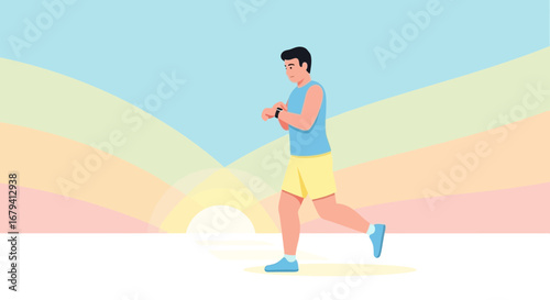 Running Man Checks Smartwatch During Early Morning Exercise Against Colorful Background