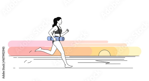Running Woman with Yoga Mat on Beach, Vector Illustration with Pastel Backgrounds
