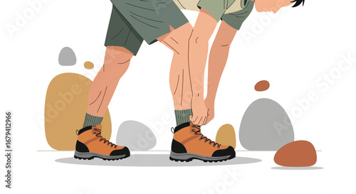 Person Preparing For Outdoor Adventure, Tying Boot Laces, Hiking Concept, Ready To Go