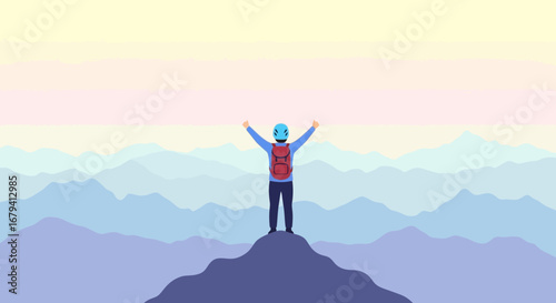 Person Reaching the Summit Celebrating Success in the Mountains with Arms Up