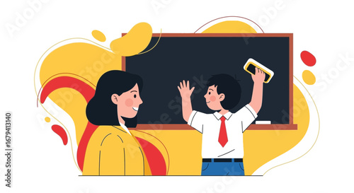 School classroom scene with a teacher and a student who is holding an eraser