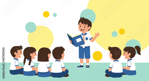 School Children Listen To A Storybook, Creative Illustration, Educational Concept