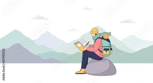 Scenic Trail Explorer Writing In Journal With Backpack and Mountains In Background