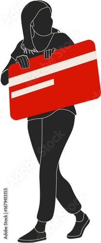 silueta de mujer llevando una tarjeta de crédito gigante grande