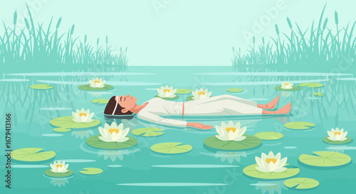Person relaxing on water with lily pads in a serene natural environment