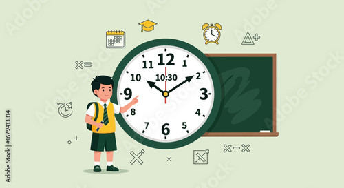 Schoolboy With a Wristwatch and Chalkboard Indicating the Time for Education Lessons