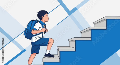 Schoolchild Climbing Stairs, Aiming For The Future, Success, and New Beginnings