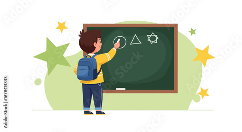 Schoolchild Sketching Geometric Forms On Blackboard Revealing Education And Learning