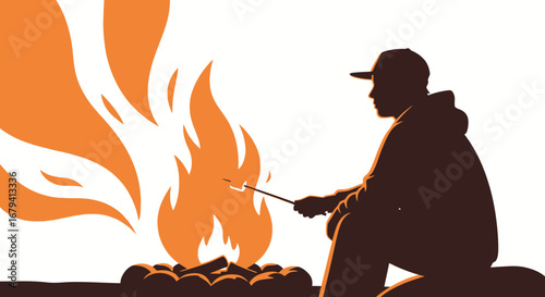 Person Roasting Marshmallow by Campfire Silhouette in Warm Orange Tones Illustration