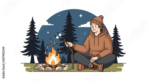 Person roasting marshmallows on campfire in night scene with trees vector illustration
