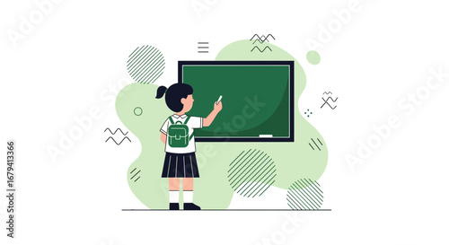 Schoolchild Writing On Blackboard With Backpack, Educational Concept And Vector Illustration