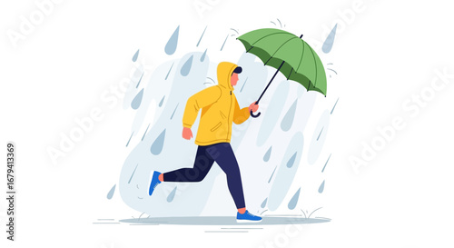 Person Running Under The Rain With Green Umbrella, Illustration With Motion Graphics