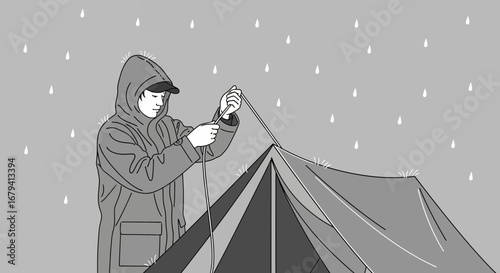 Person Setting a Tent in the Rain, Camping in the Outdoors during Bad Weather