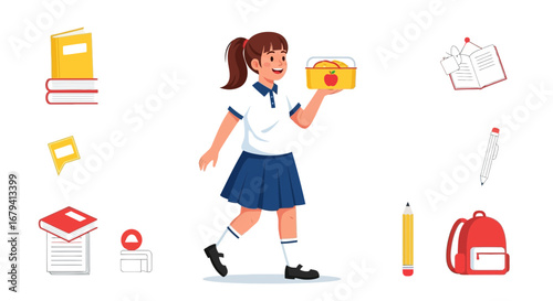 Schoolgirl Holding Lunchbox And Books: Ideal For Education And School Related Concepts Visualization
