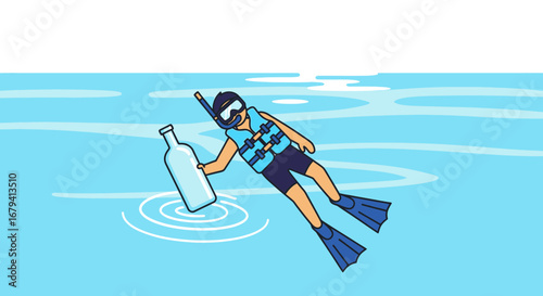 Person snorkeling holding a bottle in the sea and vector illustration graphic design