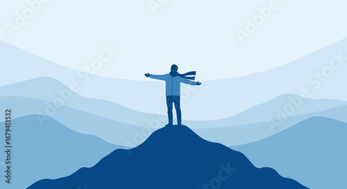 Person Standing Atop Mountain Illustrating Freedom And Appreciation In Minimalist Style