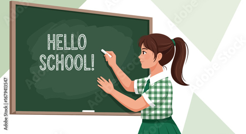 Schoolgirl Writing Hello School on Chalkboard Ready For Classroom Studies and Lessons