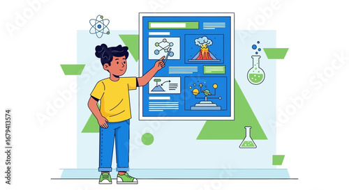 Science Lesson Illustration: Young Educator Explaining Scientific Concepts With Graphics