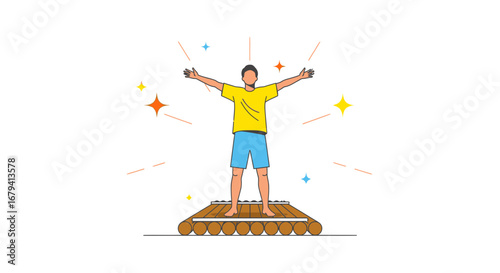Person Standing On Raft With Arms Extended In Celebratory Position Achieving Success