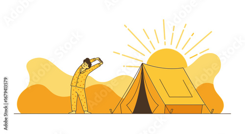 Person Stretching Beside Campground Tent Amidst Sunrise, Camping Adventure Begins