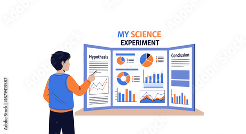 Scientific Display Presentation Showing Young Person Explain Experiment Findings And Data