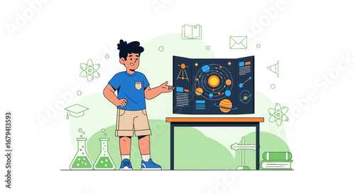 Science Presentation By Young Student, Featuring Solar System And Scientific Instruments