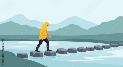 Person Walking Across Stepping Stones Towards Mountains, Represents Progress and Journey