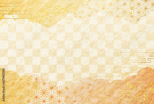 秋　オレンジ　和柄　金・高級感・雲　市松模様　和紙の背景	