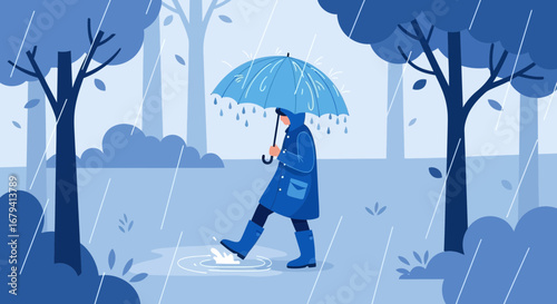 Person walking in the rain holding an umbrella enjoying a rainy autumn day