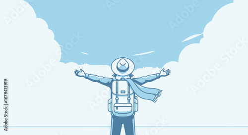 Person with open arms enjoying a view and feeling nature's embrace in the sky