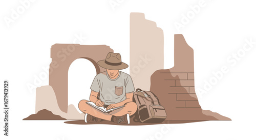 Person Writing In A Notebook While Sitting Near Ruined Structure Outdoors At Daytime