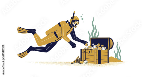 Scuba Diver Discovering Treasure Chest Underwater with Gold Coins and Jewels Found