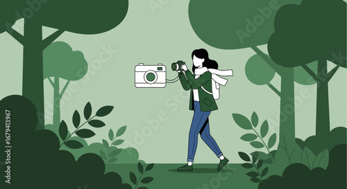 Photographer Captures Nature Through Lens While Wandering Green Forest Environment Scenery