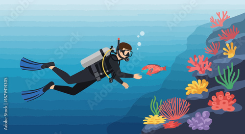 Scuba Diver Exploring Colorful Coral Reef Underwater Environment Deep Ocean