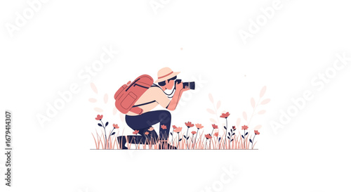 Photographer Capturing Nature's Beauty Amidst Flowers and The Flora Around