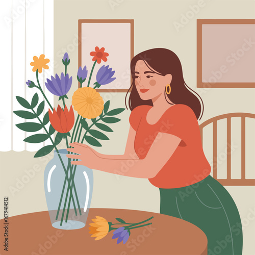 Woman arranging flowers in a vase on a table in a cozy room at home